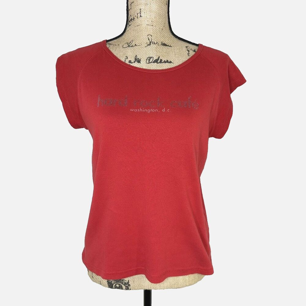 Hard Rock Cafe T Shirt Womens Size XL Washington DC Red Silver Short Cap Sleeve